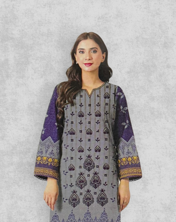 Best Quality Unstitched Grey & Purple Embroidered Women’s Suit