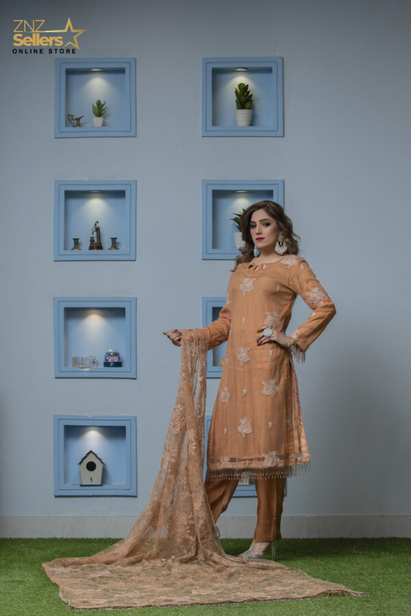 Premium quality 3 Piece Stitched Embroidered Net Suit